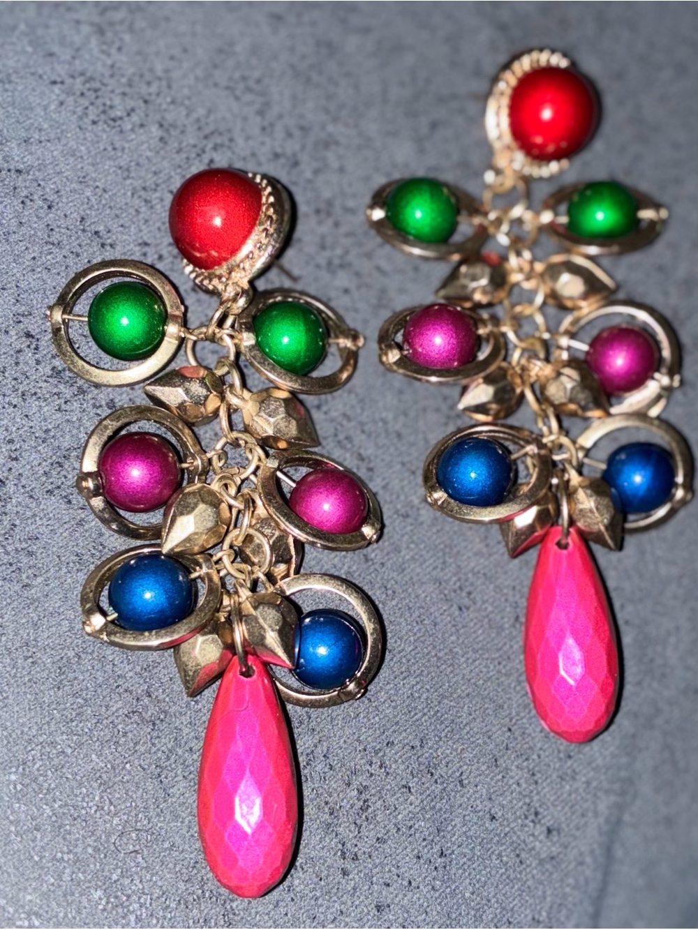 Gold-Tone Multi-Gem Drop Earrings with Pink Teardrop Accent
